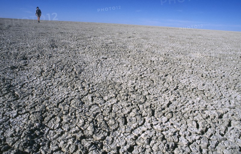 Namibia, Etosha National Park, Etosha Pan, Distant figure walking across dry and cracked expanse of the Etosha Pan which only collects water in the wet season.