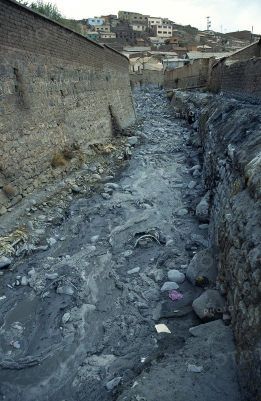 Bolivia, Potosi, Polluted river with industrial waste from Silver Mines.