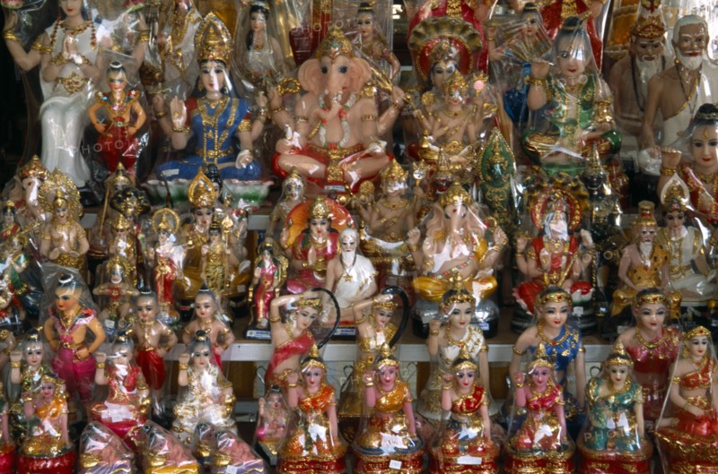 Thailand, North, Chiang Mai, Display of Hindu religious figurines of gods for sale in a shop.