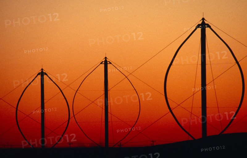 USA, California, Palm Springs, Darrieus style 250KW vertical axis wind powered electricty generators.