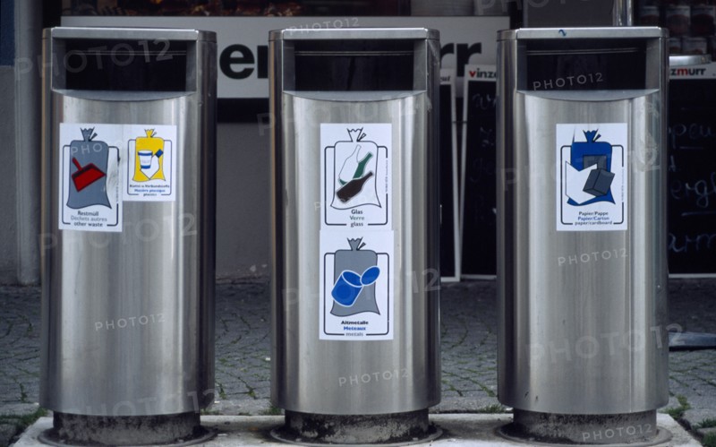 Germany, Bayern, Lindau, Three waste bins for separate items to be recycled.