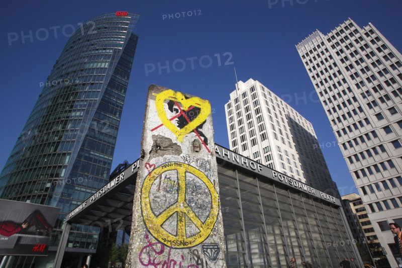 Germany, Berlin, section of the Berlin wall & railway station entrance at Potsdamer Platz.