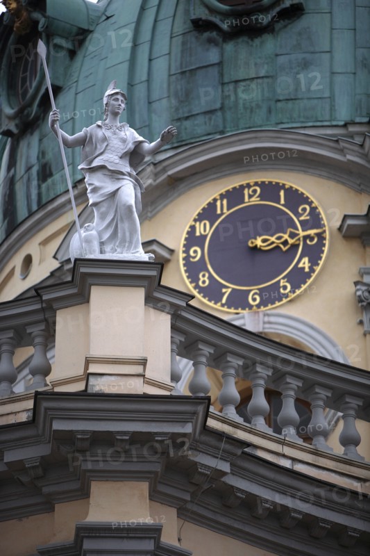 Germany, BErlin, Charlottenburg Palace, Statue & clock face on dome.