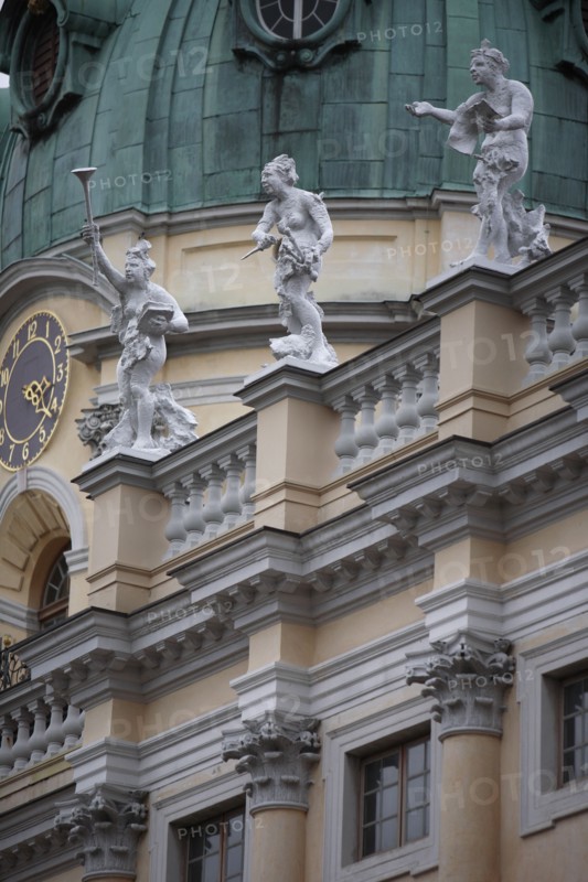 Germany, Berlin, Charlottenburg Palace, Statues & clock face on dome.
