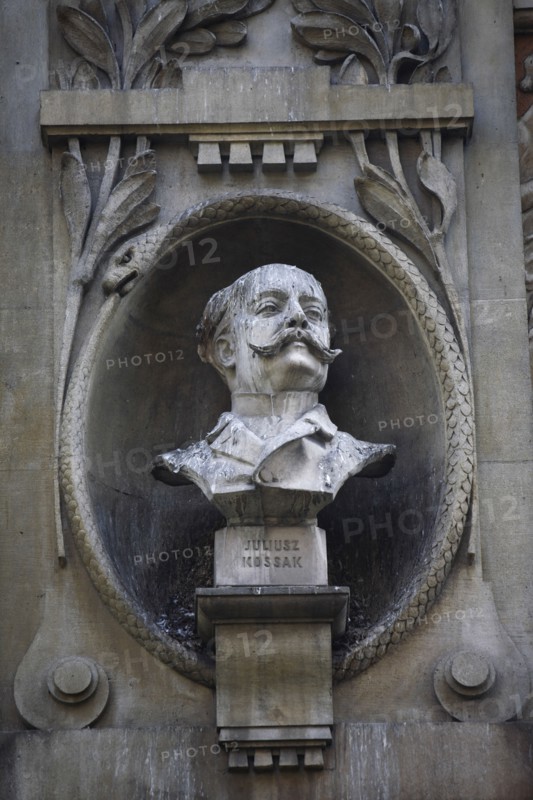 Poland, Krakow, Bust of Julius Mossak on the Palace of Arts built in 1901 for the Society of Fine Arts Friends.