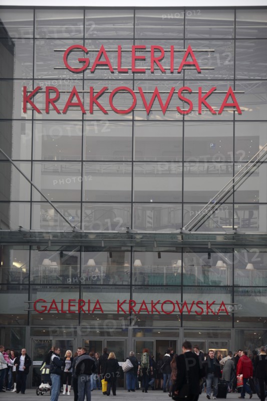 Poland, Krakow, glass fronted entrance to Galeria Krakowska shopping complex.