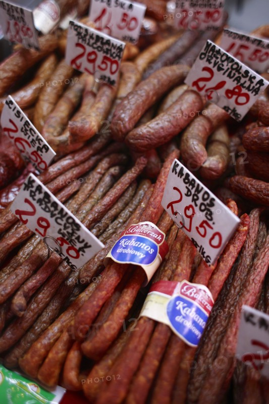 Poland, Krakow, display of cold meats in Stary Kleparz market.