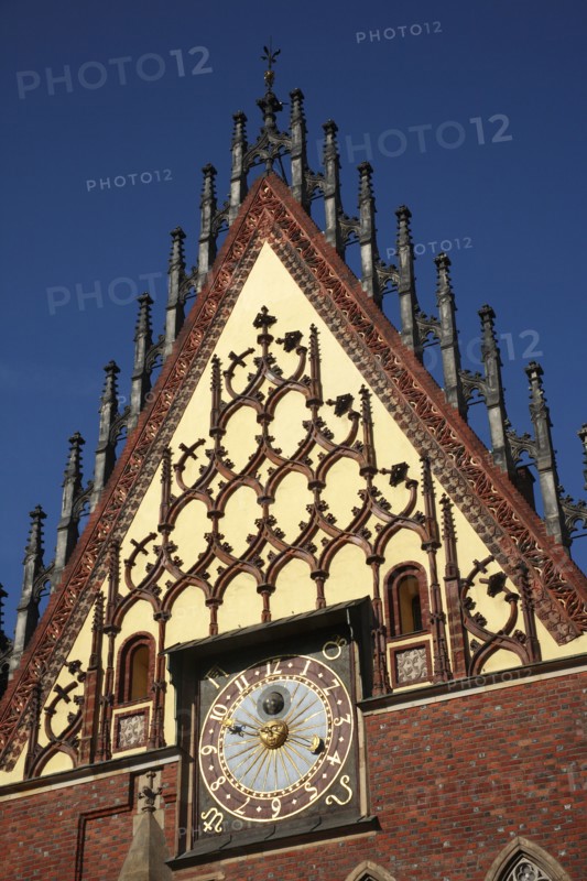 Poland, Wroclaw, Town Hall sundial with with decorative gable.