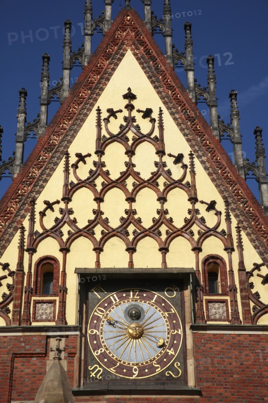 Poland, Wroclaw,Town Hall sundial with with decorative gable.