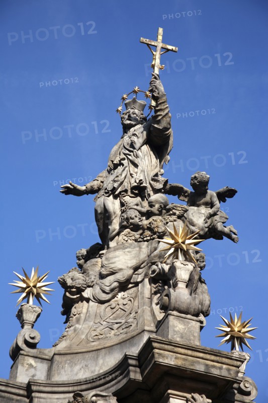 Poland, Wroclaw, baroque statue of St Jan Nepomucen St John Nepomuk made in sandstone by Johann Georg Urbansky in 1732 in front of the Church of the Holy Cross and St Bartholomew.