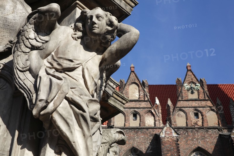 Poland, Wroclaw, Ostrow Tumski, detail of figure at base of baroque monument to the Catholic Martyr John Nepomuk, made in sandstone by Johann Georg Urbansky in 1732 in front of the Church of the Holy Cross and St Bartholomew.