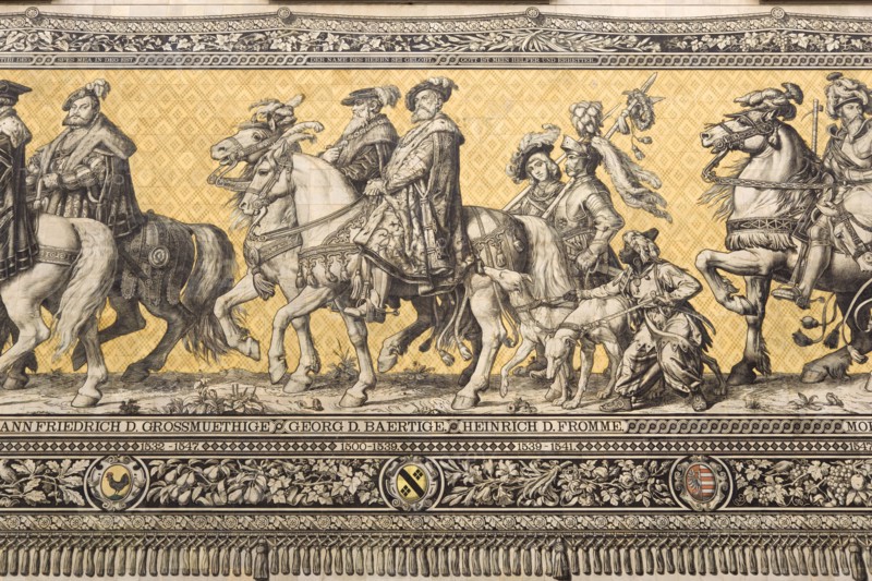 GERMANY, Saxony, Dresden, Fürstenzug or Procession of the Dukes in Auguststrasse a mural on 25,000 Meissen tiles that depicts 35 noblemen from the 12th century Konrad the Great, to Friedrich August III, Saxony's last king, who ruled from 1904-1918. It was originally painted by Wilhelm Walter between 1870 and 1876 but eventually, the stucco began to crumble and around 1906-07 it was replaced by the tiles.