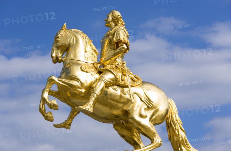 GERMANY, Saxony, Dresden, The 1734 gilded statue by Ludwig Wiedemann known as Goldener Reiter or Golden Rider an equestrian statue of the Saxon Elector and Polish king August the Strong in Neustädter market square.