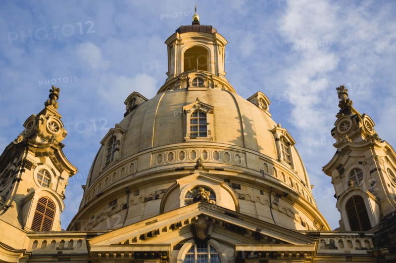 GERMANY, Saxony, Dresden, Detail in evening light of the Baroque Frauenkirche Church of Our Lady in Neumarkt square with dome and belltowers.