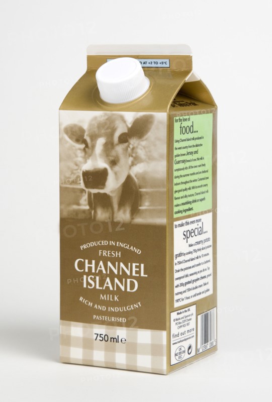 Drink, Milk, Pasteurised, Full Cream Fresh dairy milk Carton Produced in England from the Channel Islands.