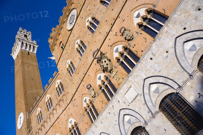ITALY, Tuscan, Siena, The Torre del Mangia campanile belltower and facade of the Palazzo Publico town hall in the Piazza del Campo under a blue sky. The black and white crest or symbol of Siena decorates the facade of the building.