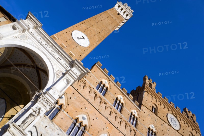 ITALY, Tuscany, Siena, Religious carvings on the portico entrance below the Torre del mangia campanile belltower and facade of the Palazzo Publico town hall in the Piazza del Campo under a blue sky. The black and white crest or symbol of Siena decorates the facade of the building.