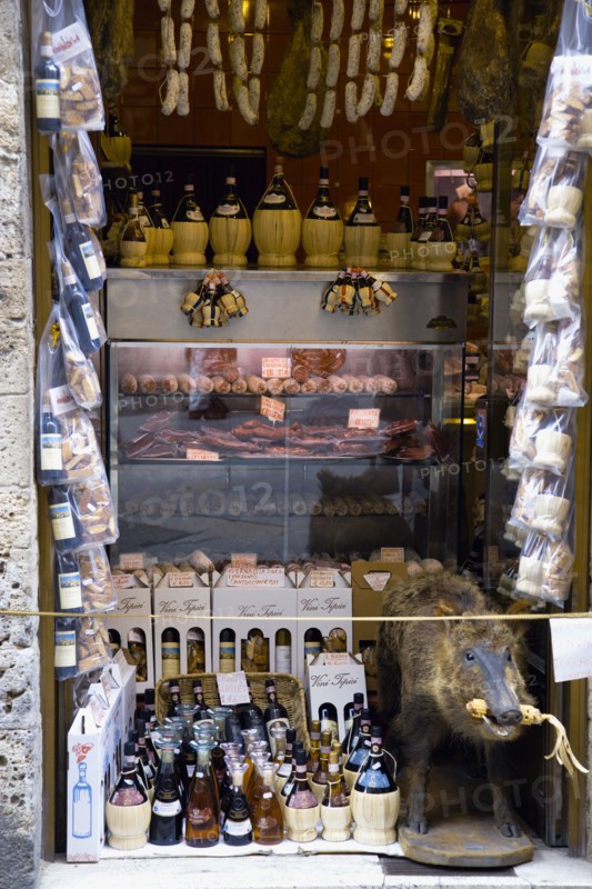 ITALY, Tuscany, San Gimignano, Shop display of chianti wines and wild boar products with a stuffed wild boar beside the wines.