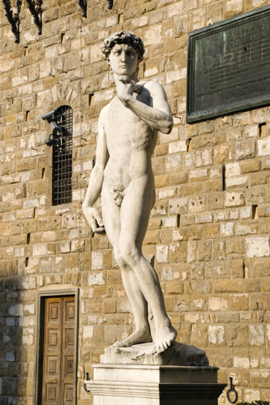 ITALY, Tuscany, Florence, Replica of Rennaisance statue of David by Michelangelo in the Piazza della Signoria beside the Palazzo Vecchio.