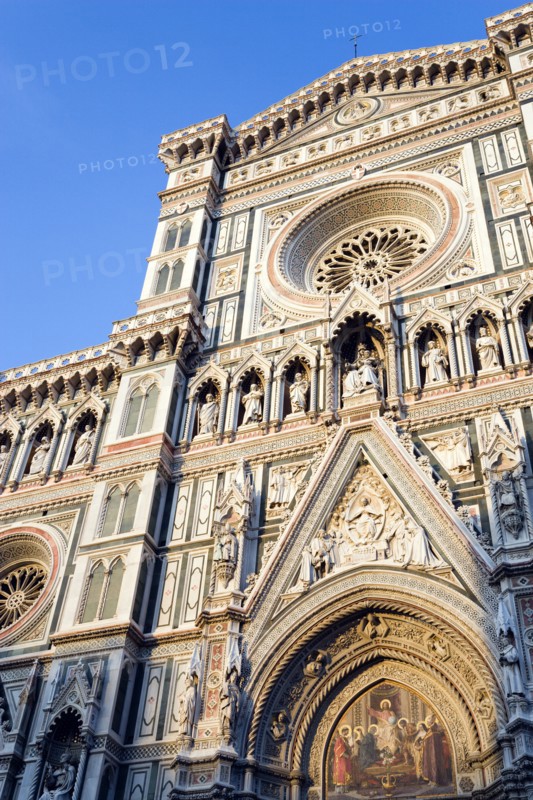 ITALY, Tuscany, Florence, The Neo-Gothic marble west facade of the Cathedral of Santa Maria del Fiore the Duomo.