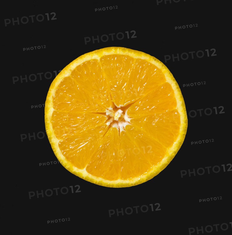 Food, Fruit, Oranges, One single ripe orange cut in half showing core and segments against a black background.