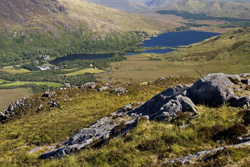 IRELAND, County Galway, Connemara, Diamond Hill, view of Kylemore Abbey and Kylemore Lough from summit of Diamond Hill.