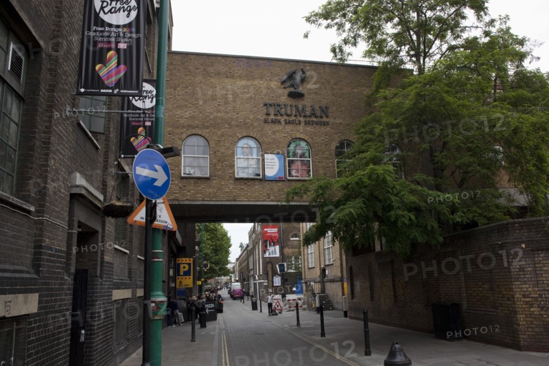 ENGLAND, London, East End, Whitechapel, Brick Lane, View of the old Truman brewery factory, which is now converted into an art gallery space.