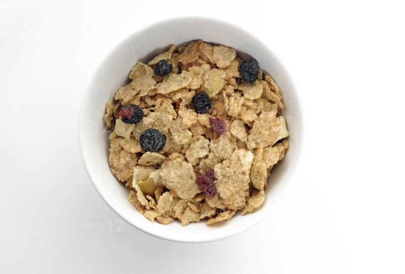 FOOD, Breakfast, Cereal, bowl of cereal flakes with dried fruits.