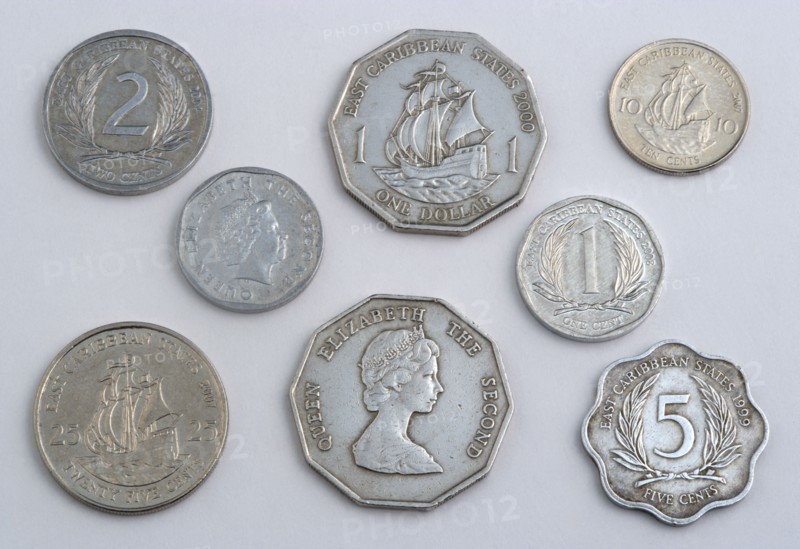 West Indies, St Lucia, Castries, Variety of Eastern Caribbean dollar coins in various cent denominations used as currency by the members of the Organisation of Eastern Caribbean States or OECS.