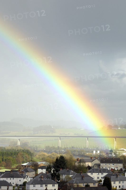 Scotland, Perth, Friarton road bridge over the river Tay with colourful rainbow.