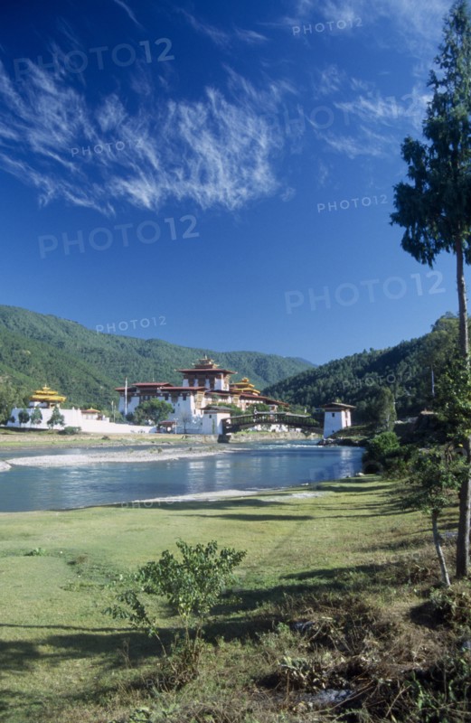 BHUTAN, Punakha, Punakha Dzong fortress temple by the Mo Chhu Mother River.