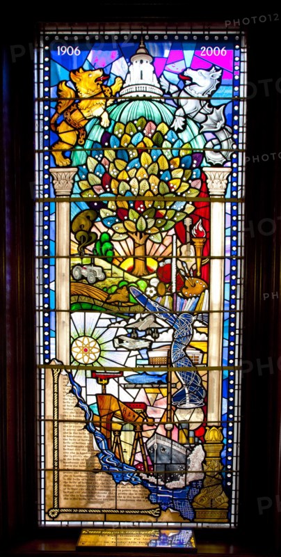 Ireland, North, Belfast, City Hall, Interior, Centenary Stained Glass Window with various scenes depicted including the construction of Titanic at Harland & Wolf shipyard.