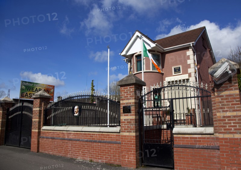 Ireland, North, Belfast, Andersonstown, James Connolly  House, Sinn Fein Headquarters with Irish Tricolour flag flying.