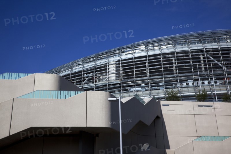 Ireland, County Dublin, Dublin City, Ballsbridge, Lansdowne Road, Aviva 50000 capacity all seater Football Stadium designed by Populus and Scott Tallon Walker. A concrete and steel structure with polycarbonate self cleaing glass exterior built at a cost of 41 million Euros. Home to the national Rugby and Soccer teams, aslo used as a concert venue.