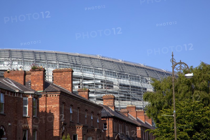 Ireland, County Dublin, Dublin City, Ballsbridge, Lansdowne Road, Aviva 50000 capacity all seater Football Stadium designed by Populus and Scott Tallon Walker. A concrete and steel structure with polycarbonate self cleaing glass exterior built at a cost of 41 million Euros. Home to the national Rugby and Soccer teams, aslo used as a concert venue.