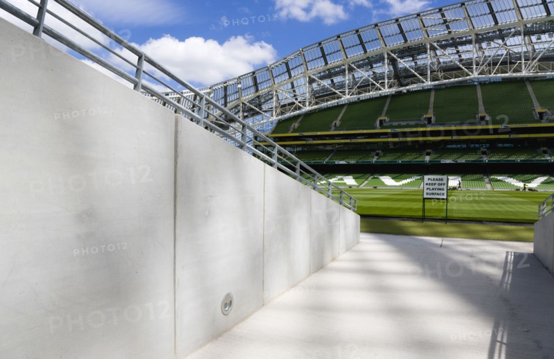 Ireland, County Dublin, Dublin City, Ballsbridge, Lansdowne Road, The players tunnel at the Aviva 50000 capacity all seater Football Stadium designed by Populus and Scott Tallon Walker. A concrete and steel structure with polycarbonate self cleaing glass exterior built at a cost of 41 million Euros. Home to the national Rugby and Soccer teams, aslo used as a concert venue.