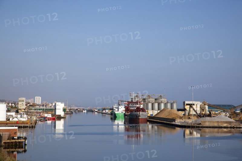 England, West Sussex, Southwick, View of calm waters of Shoreham Harbour.