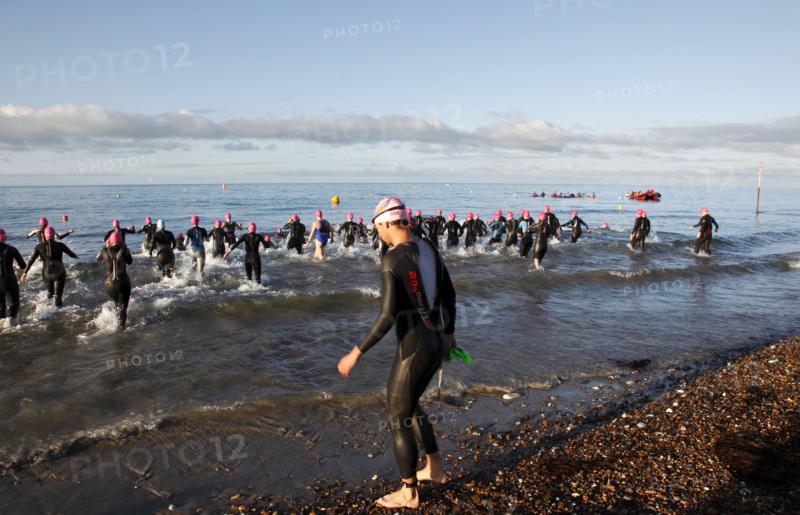 England, West Sussex, Goring-by-Sea, Worthing Triathlon 2009, women at the start of the swim section.