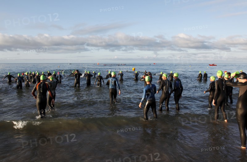England, West Sussex, Goring-by-Sea, Worthing Triathlon 2009, male competitors at the swim start.