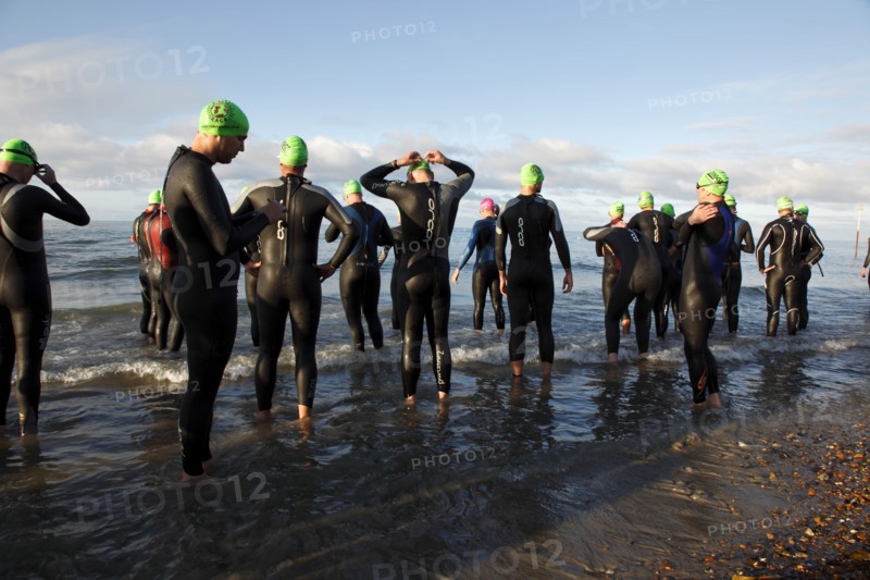 England, West Sussex, Goring-by-Sea, Worthing Triathlon 2009, male competitors at the swim start.