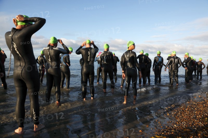 England, West Sussex, Goring-by-Sea, Worthing Triathlon 2009, male competitors at the swim start.