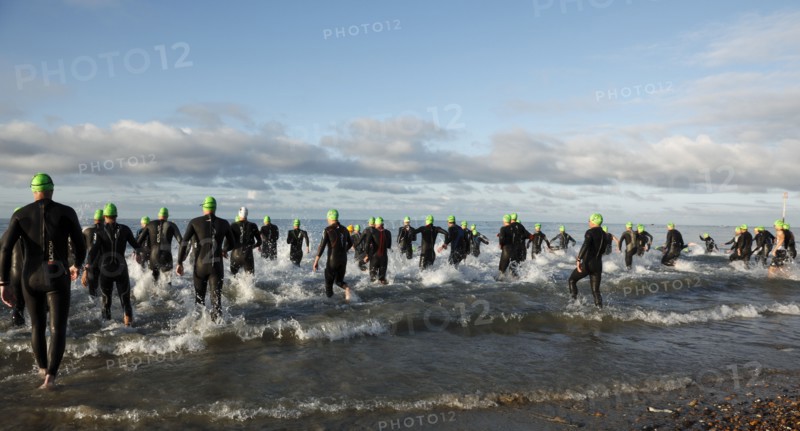 England, West Sussex, Goring-by-Sea, Worthing Triathlon 2009, male competitors at the swim start.