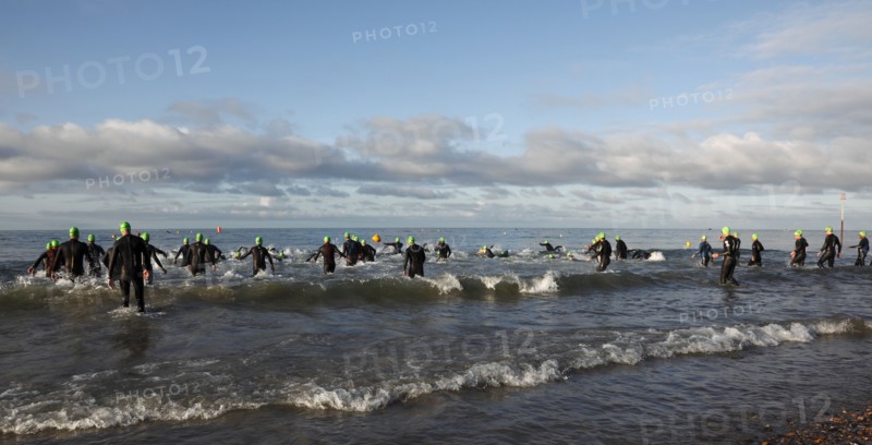 England, West Sussex, Goring-by-Sea, Worthing Triathlon 2009, male competitors at the swim start.
