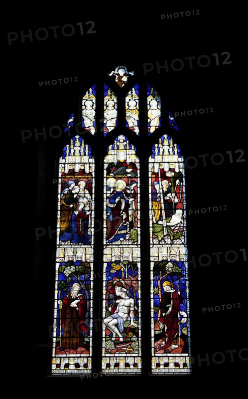 England, West Sussex, East Grinstead, Details of the staiined glass windows in Church of St Swithun.
