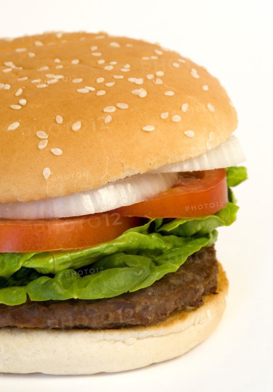 Food, Cooked, Hamburger, Single quarter pound burger with onoin tomato and lettuce in a bun on a white background.