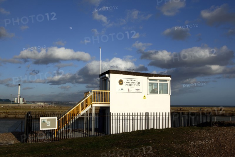 England, West Sussex, Shoreham-by-Sea, National Coastwatch Institution look out pot next to the harbour entrance.