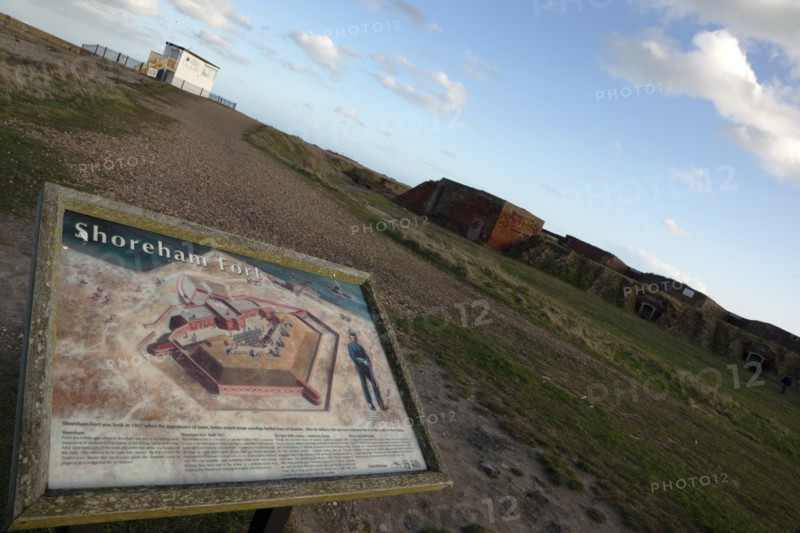 England, West Sussex, Shoreham-by-Sea, Tourist map of old fort ruins next to harbour entrance.