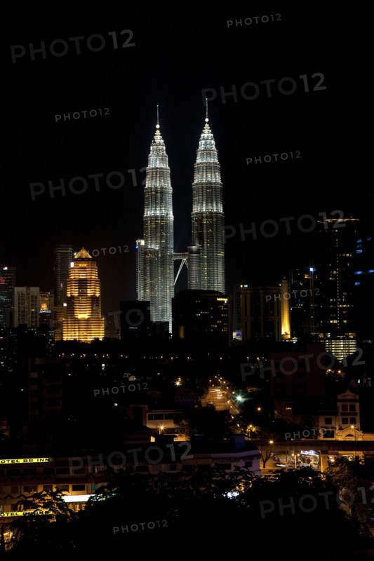 Malaysia, Kualau Lumpur, Night shoot of Kuala Lumpurs city center with Petronas Towers Skyscrapers dominating skyline.