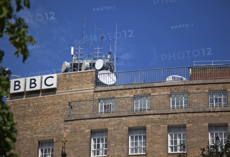 Ireland, North, Belfast, Ormeau Avenue, Exterior of the BBC television and radio with satelite dishes on the roof.