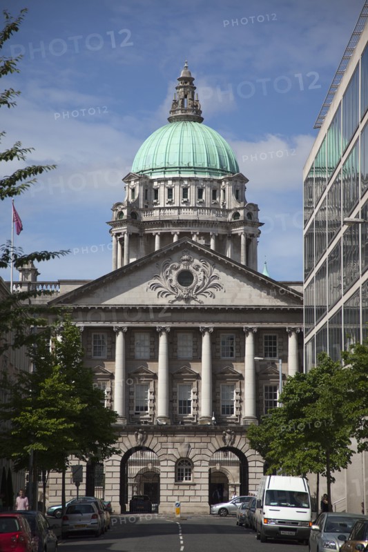 Ireland, North, Belfast, Bedford Street, View toward the back entrance to the City Hall.